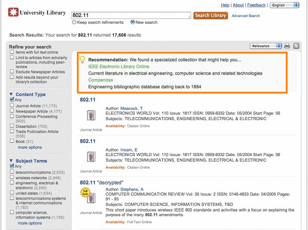 Screenshot of Summon showing improvements to database recomender function